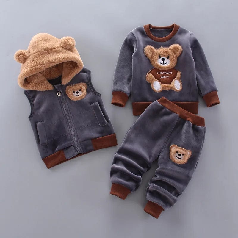 Showlu Fashion Store Gray / 18-24M Autumn Winter Baby Boys Clothes Sets Thick Fleece Cartoon Bear Jacket Vest Pants 3Pcs Cotton Sport Suit For Girls Warm Outfits