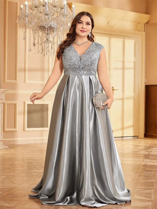 SHOWLU FASHION STORE GRAY / 1XL XUIBOL Plus Size Plus Size Luxury Gold Satin V-Neck Evening Dress Women Satin Wedding Party Prom Floor Lenght Cocktail Dress