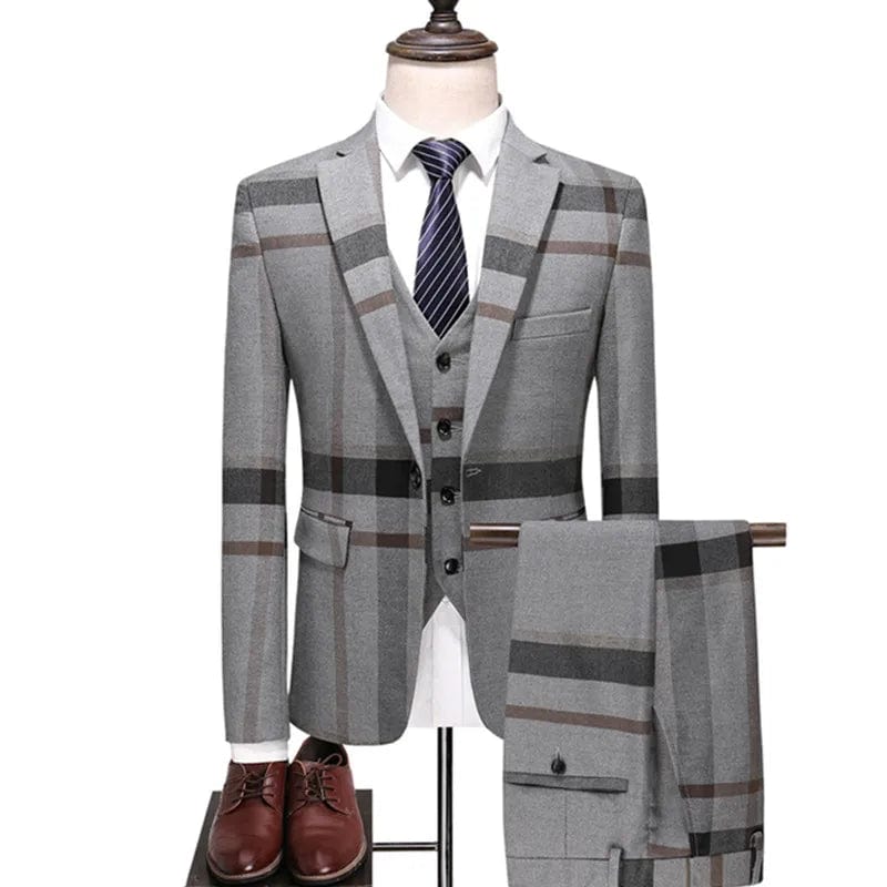 SHOWLU FASHION STORE Gray 3 Piece Set / Asian XXL is Eur L Men's Wedding Plaid Blue Gray Blazers Jacket Pants Vest 3 Pcs Set  2023 Slim Fit Business Tuxedo Dress Classic Formal Suits Coat