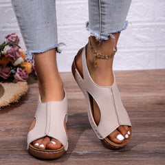  Showlu Fashion Store GRAY / 36 Women's Med Heels Platform Sandals 2024 Summer Peep Toe Casual Clogs Shoes Woman Pu Leather Wedges Roman Sandalias Mujer