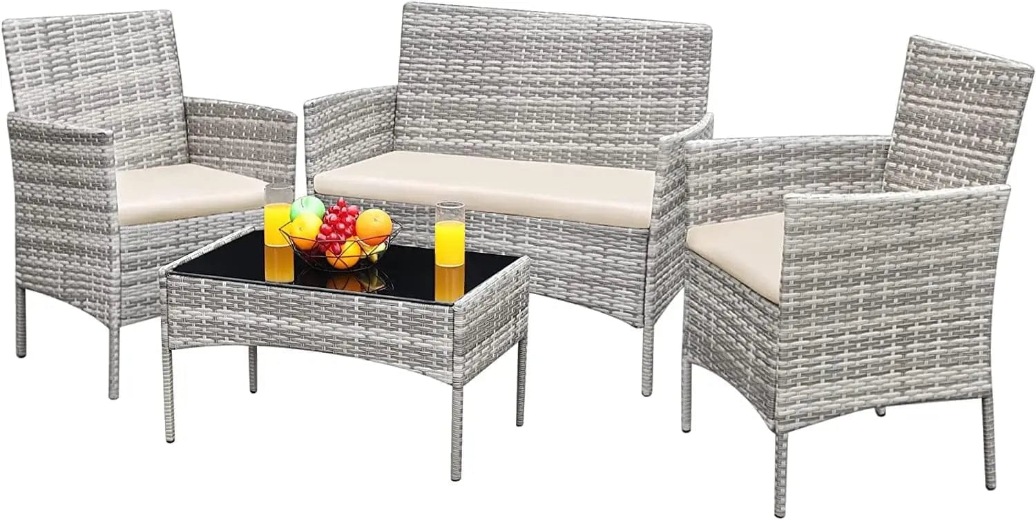  Showlu Fashion Store Gray And Beige / United States Patio Furniture 4 Pieces Conversation Sets Outdoor Wicker Rattan Chairs Garden Backyard Balcony Porch Poolside loveseat