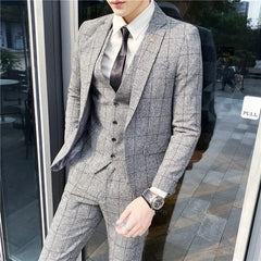 Showlu Fashion Store Gray / Asian 4XL is US L 2023 Fashion New Men's Leisure Boutique Business Plaid Slim Suit 3 Pcs Set / Male Linen Striped Dress Blazers Jacket Pants Vest