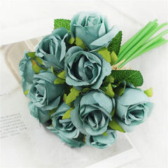 Showlu Fashion Store gray-blue 12 Heads Wedding Bouquet White Green Rose Artificial Bridal Bouquet Blue Wedding Accessories Bridesmaids Flower Mariage Supplies