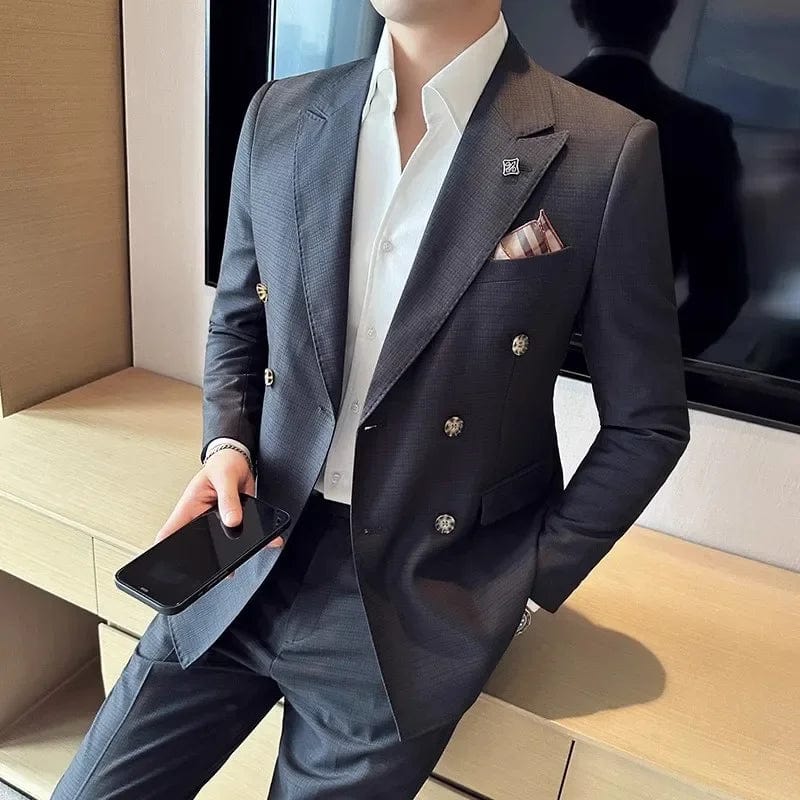 Showlu Fashion Store Gray Blue Plaid / Asian XXL is US S 2023 Fashion New Men Boutique Double Breasted Plaid Slim Business Wedding Suit Pants2 Pcs Set Dress Blazers Jacket Trousers