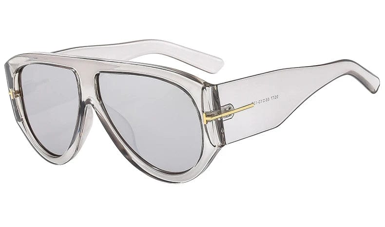 Showlu Fashion Women's Oversized Pilot Sunglasses in gray and silver with gradient lenses and thick frame, trendy 2023 luxury shades.