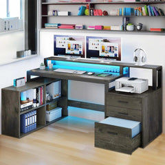 SHOWLU FASHION STORE Gray / United States Office Furniture Desk Sets ,65" L Shaped Desk With Power Outlets And Monitor Stand , Computer Desk With LED Light &File Cabinet