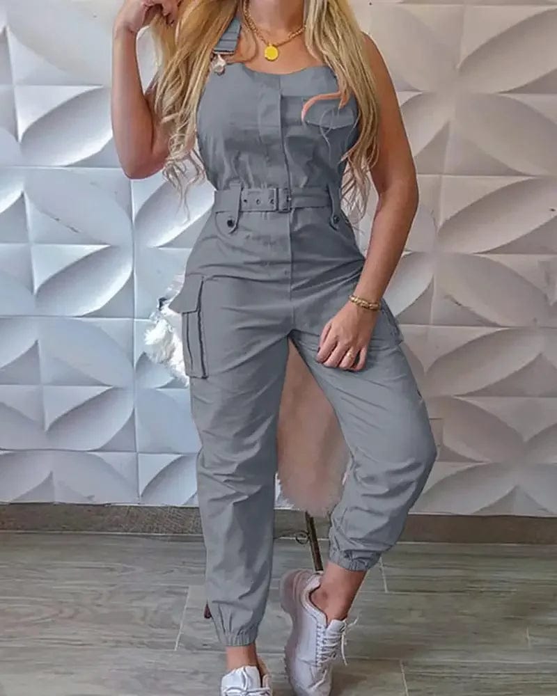  Showlu Fashion Store GRAY / XL Fashion Strap Jumpsuit Women Loose Dungarees Long Rompers Summer Solid Pockets Cargo Pants Female Casual Work Out Playsuits