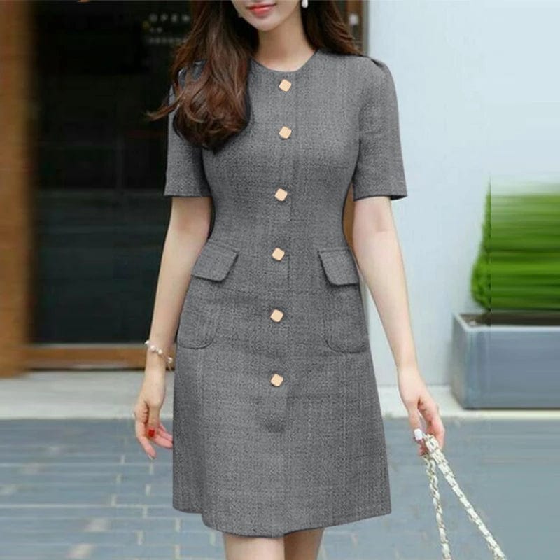 SHOWLU FASHION STORE GRAY / XXL 2024 ZANZEA Elegant Women Dress Stylish Buttons Down OL Work Vestido Robe Chic Korean Fashion Summer Short Sleeve Slim Sundress