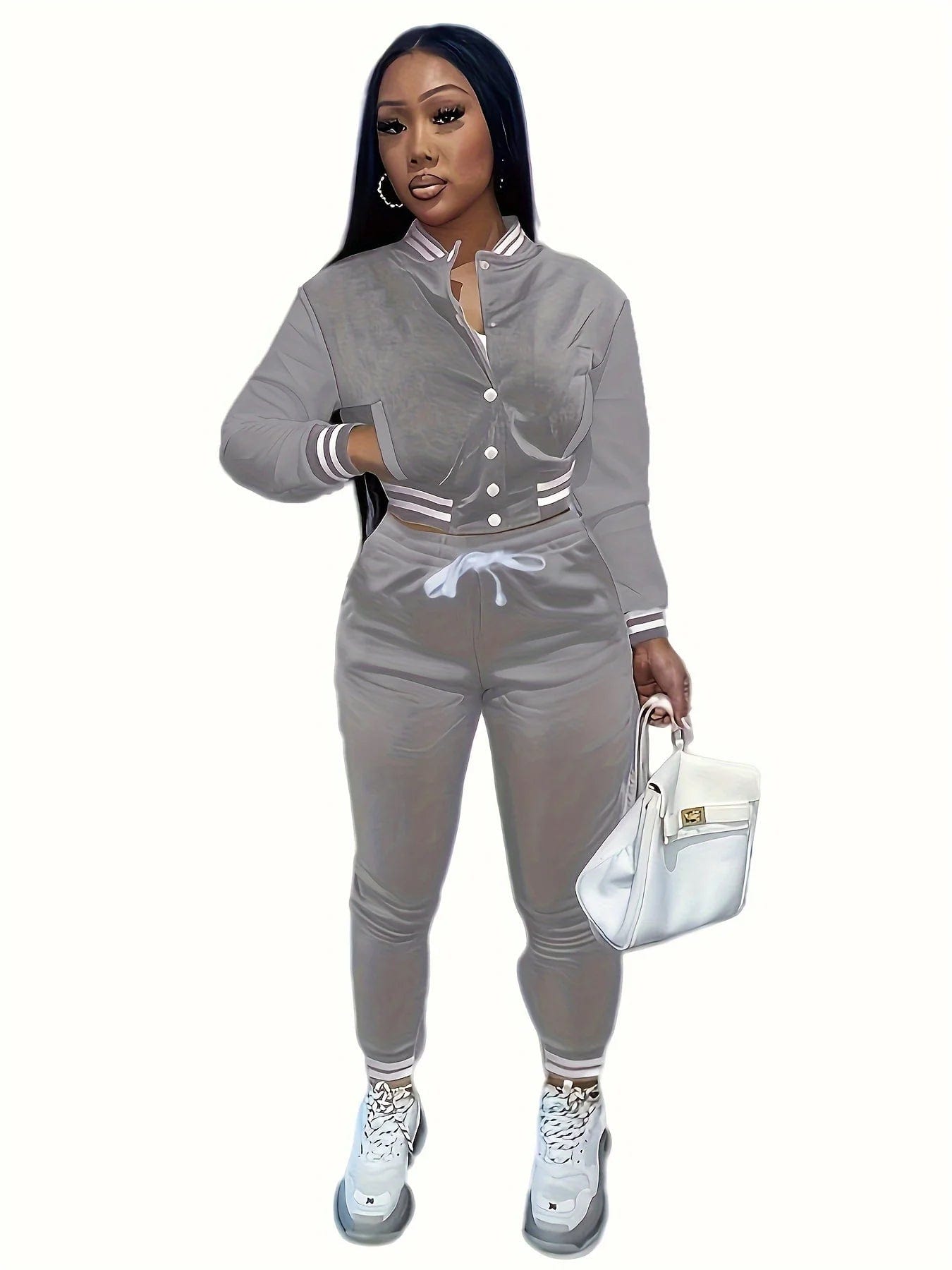 SHOWLU FASHION STORE GRAY / XXL Spring and Autumn Europe and the United States Pop Women's Pure Color Jacket Single-breasted Baseball Suit Women's Sports Two-pi