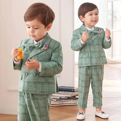 Showlu Fashion Store green / 12M Children's Flormal Plaid Dress Suit Set Baby Boy Autumn Wedding Party Banquet Costume Kids Double Breasted Blazer Pants Bowtie