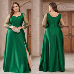 SHOWLU FASHION STORE green / 1XL Women's long sleeved chiffon satin evening gown long sleeved bubble sleeves irregular side slit plus size formal dress