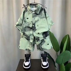  Showlu Fashion Store Green / 2-3Y New 2024 Summer Kids Clothes Sets Baby Boys Short Sleeve Lapel Tie-dye Print Shirt Top with Shorts Children Casual Clothing