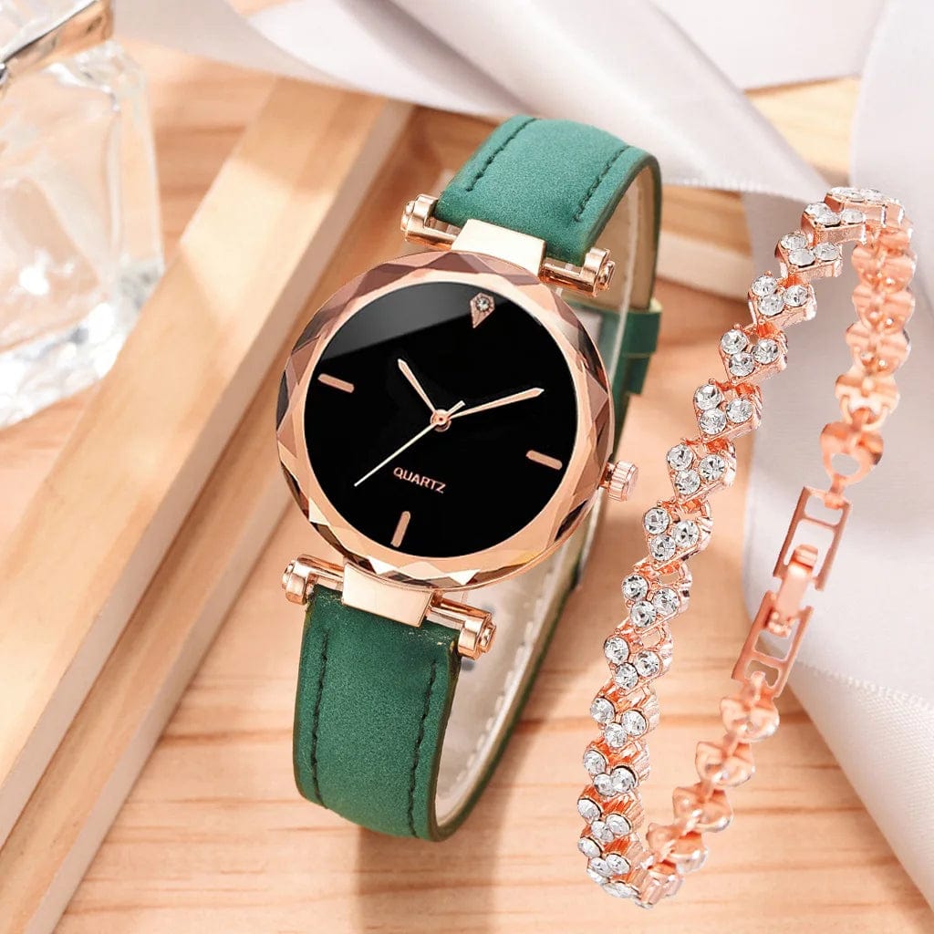 Showlu Fashion Store Green 2pcs Luxury Fashion Women Watch Set PU Leather Strap Ladies Quartz Wristwatch Rhinestone RoseGold Alloy Bracelet for Ladies Gift