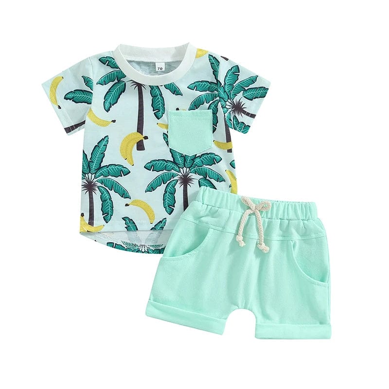  Showlu Fashion Store Green / 3T Tregren Infant Boy Summer Clothes Suits Beach Style Tree Print Short Sleeve Crew Neck T-Shirts and Elastic Waist Shorts 2Pcs Set