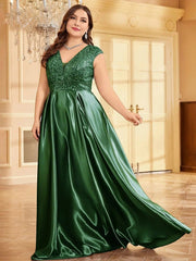 SHOWLU FASHION STORE Green / 3XL XUIBOL Plus Size Plus Size Luxury Gold Satin V-Neck Evening Dress Women Satin Wedding Party Prom Floor Lenght Cocktail Dress