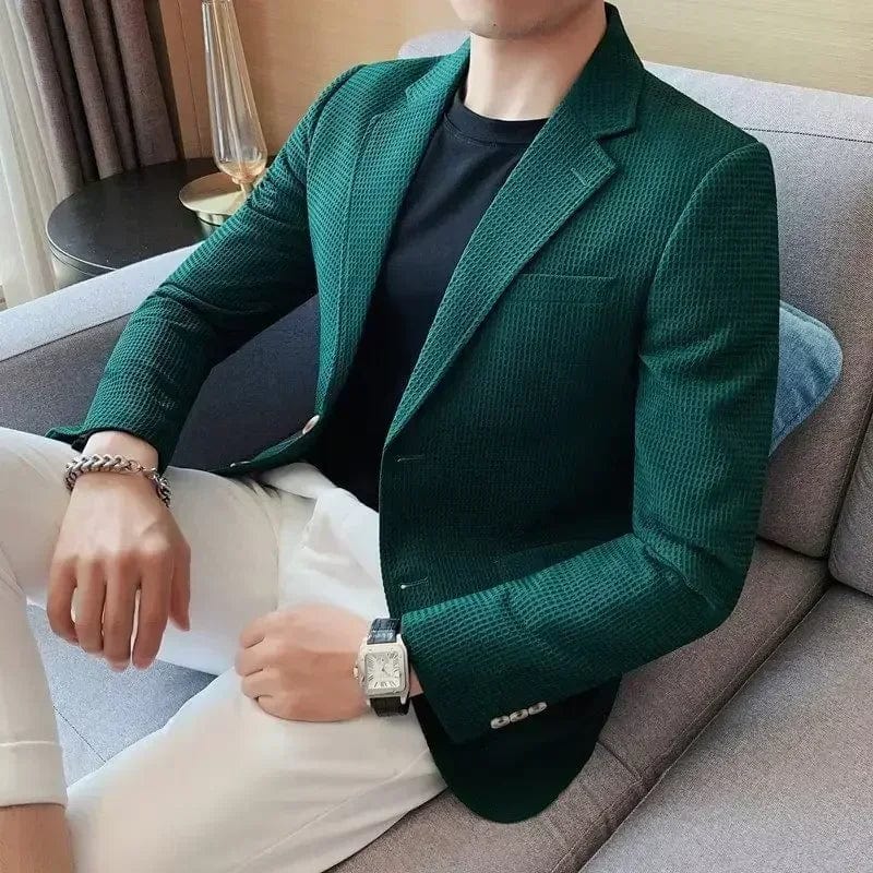  Showlu Fashion Store green / Asia M 50-57.5kg Waffle Suit Jacket Men Blazer Mature Style Casual Fit Korean Style Trendy Suit Jacket Solid Color Business Fashion Coat Top