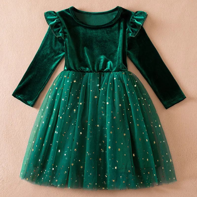  Showlu Fashion Store Green Christmas Dress for Girls 3-8 Y Child Birthday Party Princess Clothes 2023 New Autumn Long Sleeves Sequined Tulle Tutu Kid