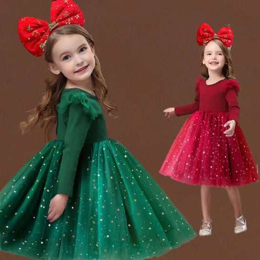  Showlu Fashion Store Green Christmas Dress for Girls 3-8 Y Child Birthday Party Princess Clothes 2023 New Autumn Long Sleeves Sequined Tulle Tutu Kid