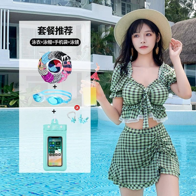  Showlu Fashion Store Green [combination of five sets]] / L [47.50 kg-52.50 kg]] Hot Spring Bathing Swimsuit Female Split Two-Piece Suit Conservative Skirt Boxer Gathering Small Chest Girl Swimsuit Ins Style