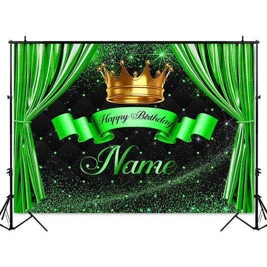  Showlu Fashion Store Green Crown Happy Birthday Background Customize Name Green Curtain Personalize Photo Backdrop Adult Theme Party Decorations