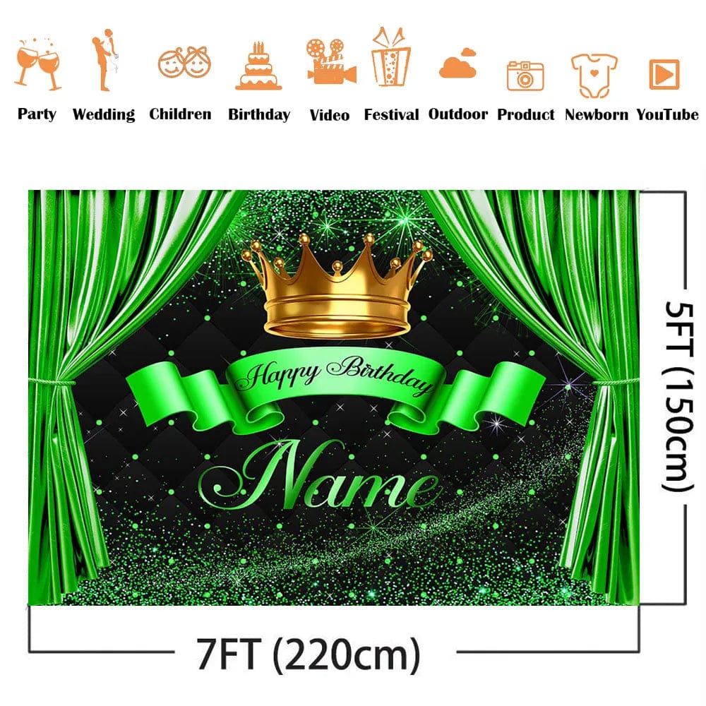  Showlu Fashion Store Green Crown Happy Birthday Background Customize Name Green Curtain Personalize Photo Backdrop Adult Theme Party Decorations