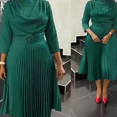 SHOWLU FASHION STORE Green Dress / S Elegant Office Dress Pleated for Women Professional Round Neck Full Sleeve Belt Waisted Mid Calf Formal Business Work Dress New