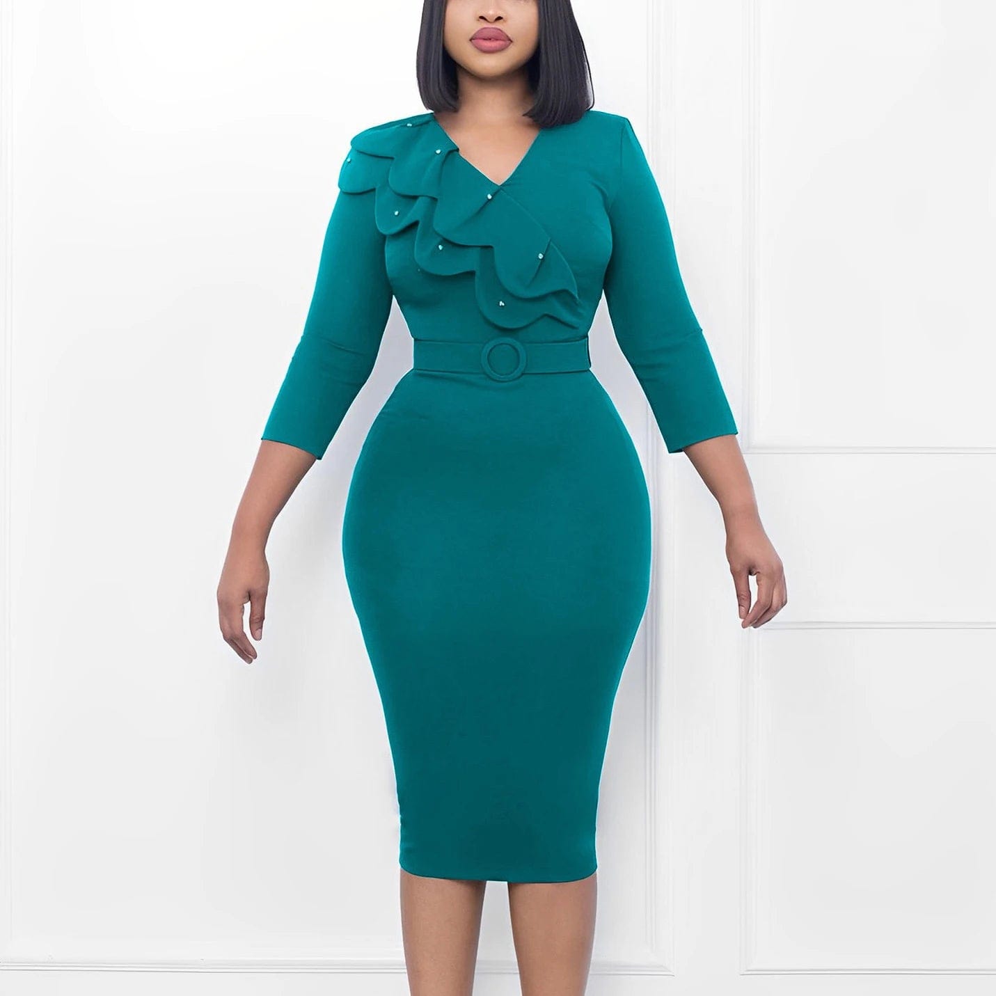 SHOWLU FASHION STORE Green Dress / S Elegant Office Dresses for Women V Neck Full Sleeve Ruffles Belt Waisted Package Hips Mid Calf Professional Work Dress Midi Robe