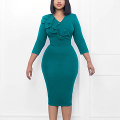 SHOWLU FASHION STORE Green Dress / S Elegant Office Dresses for Women V Neck Full Sleeve Ruffles Belt Waisted Package Hips Mid Calf Professional Work Dress Midi Robe