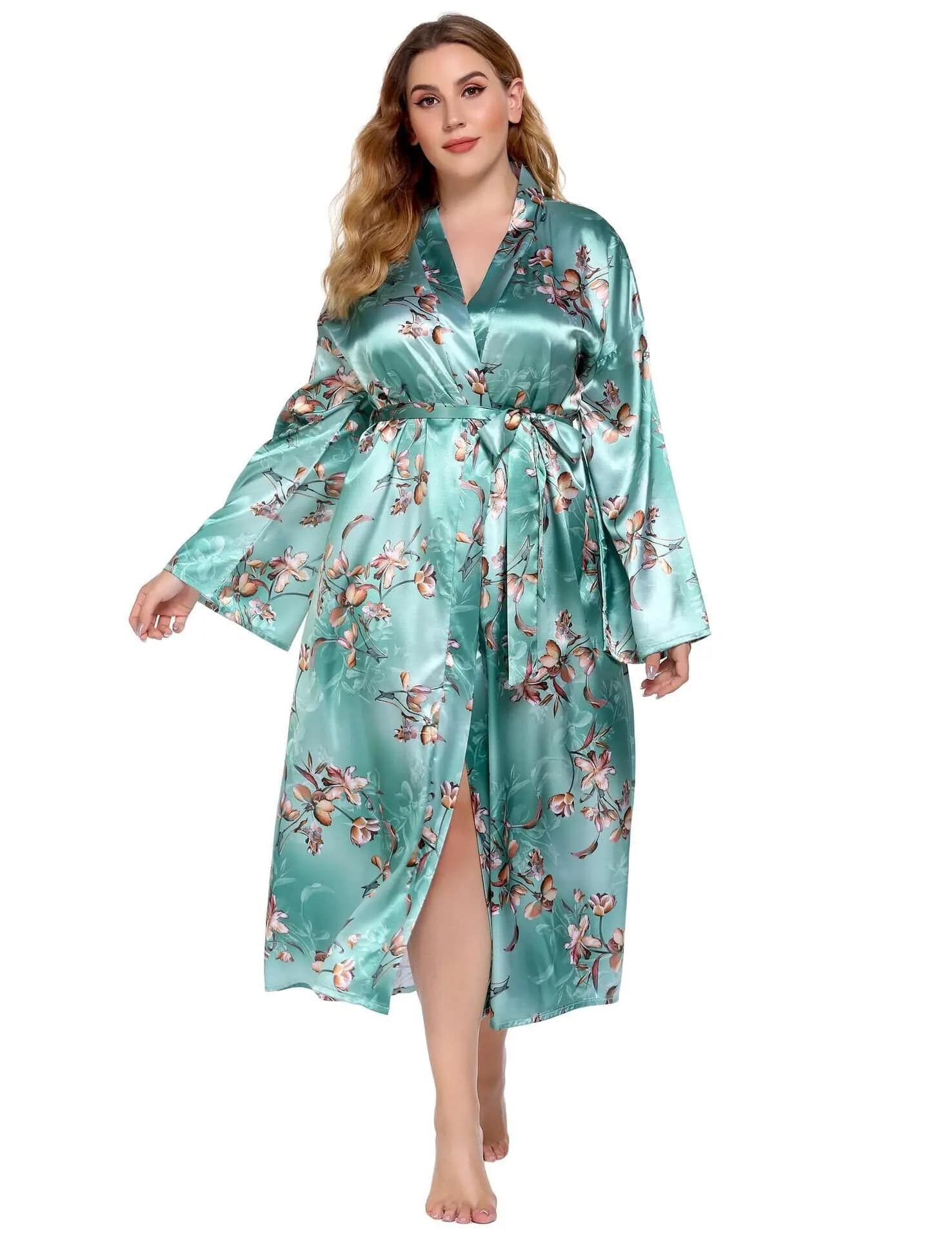  Showlu Fashion Store Green-Kimono / XL Large Size 3/4 Long Sleeve 2PCS Lady Satin Pajamas Set Sexy Lace Flower Sleep Suit Lounge Sleepwear XL-6XL Lingerie Home Clothes