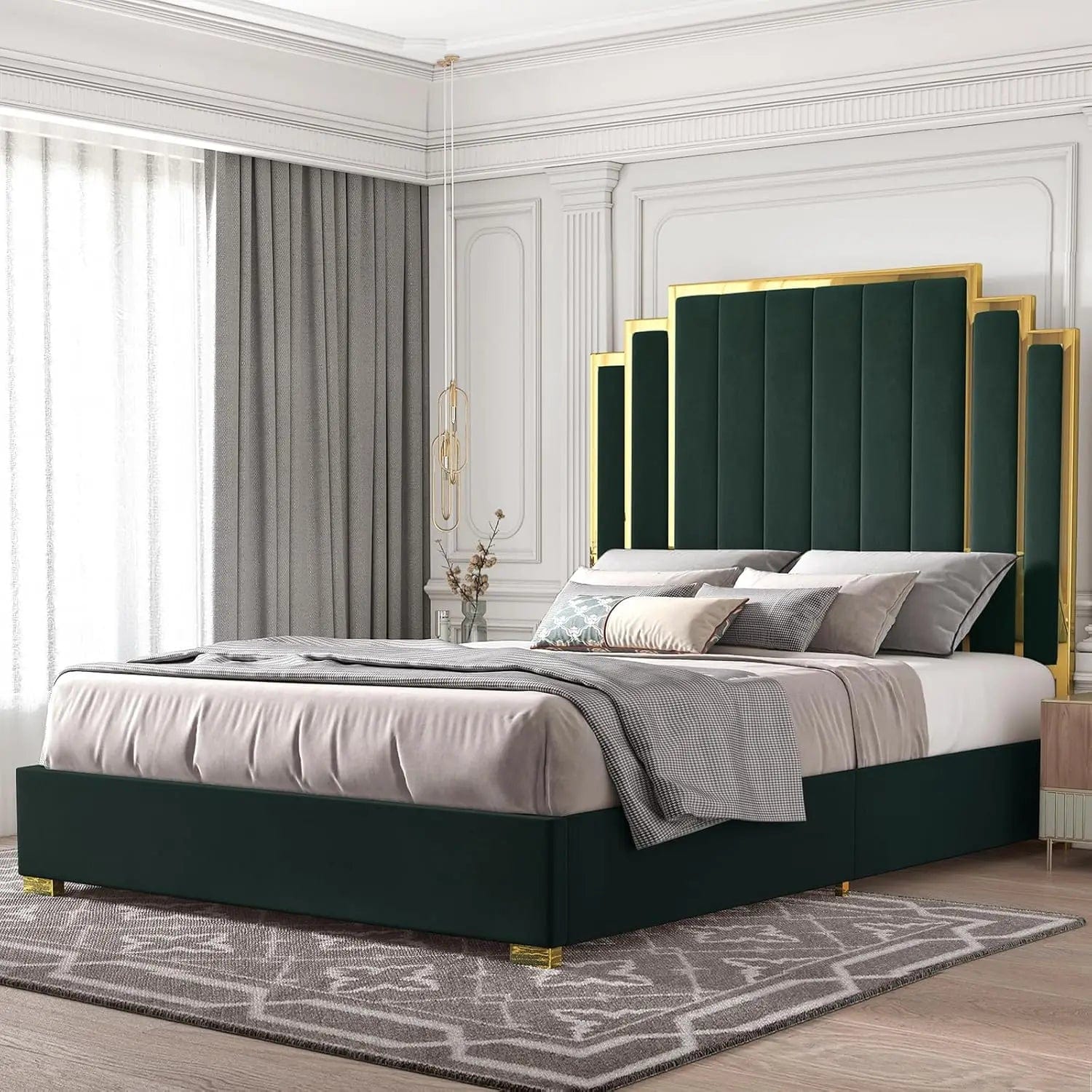 SHOWLU FASHION STORE Green / King / United States King Size Platform Bed Frame, 65" Velvet Upholstered Bed with Gold Trim Headboard/Wooden Slats