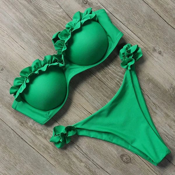 Showlu Fashion Store Green / L Bandeau Bikini Swimwear Women Swimsuit Sexy Thong Ruffle Bikini Set Push Up Bathing Suit Female Brazilian Leopard Swimsuit 2021