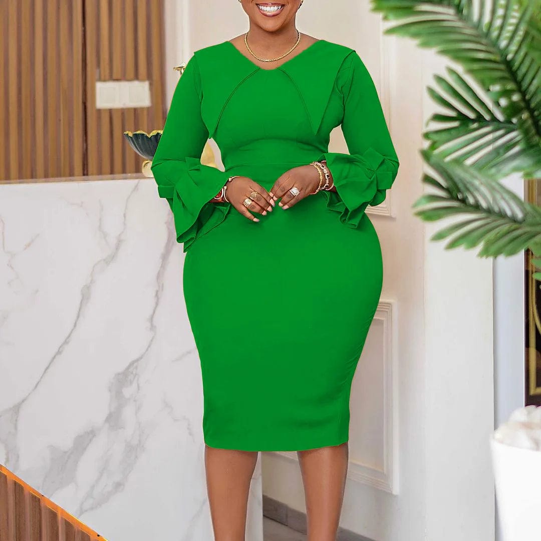 SHOWLU FASHION STORE green / L Women Fashion Dress Round Neck Pagoda Sleeve Slim Hip Wrap Ladies Elegant Office Dress Knee-length Dress