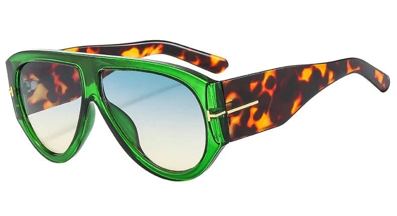 Showlu Fashion Store women's oversized pilot sunglasses with green leopard frame, gradient lenses, and bold, retro style.