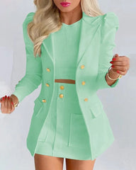  Showlu Fashion Store Green / M Long Sleeve Suit Jacket Dress Set Spring Fashion Elegant Solid Turn Down Collar Coat Buns Two Piece Sets For Women Outfit 2023