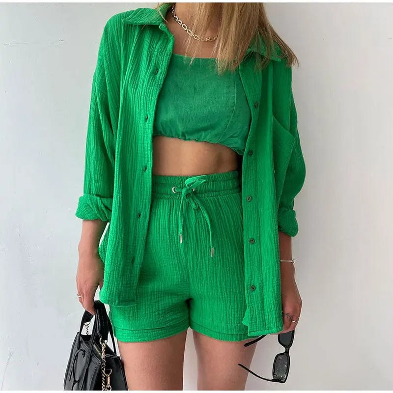 SHOWLU FASHION STORE Green / M Oversized Shirt Shorts Two Piece Sets Women Summer Cotton Tops With Loose High Waist Shorts Suit 2023 Fashion Streetwear Outfits