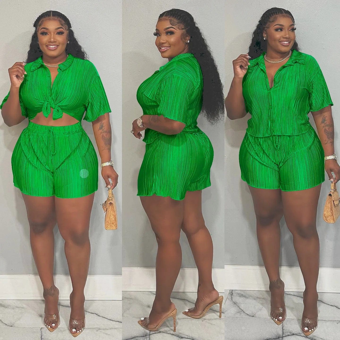  Showlu Fashion Store Green / M QFAF Fashion Pleated Women's Set Short Sleeve overiszed Shirt and Shorts Suit 2023 Summer Two 2 Piece Set Outfit Tracksuit