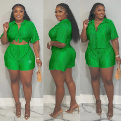  Showlu Fashion Store Green / M QFAF Fashion Pleated Women's Set Short Sleeve overiszed Shirt and Shorts Suit 2023 Summer Two 2 Piece Set Outfit Tracksuit