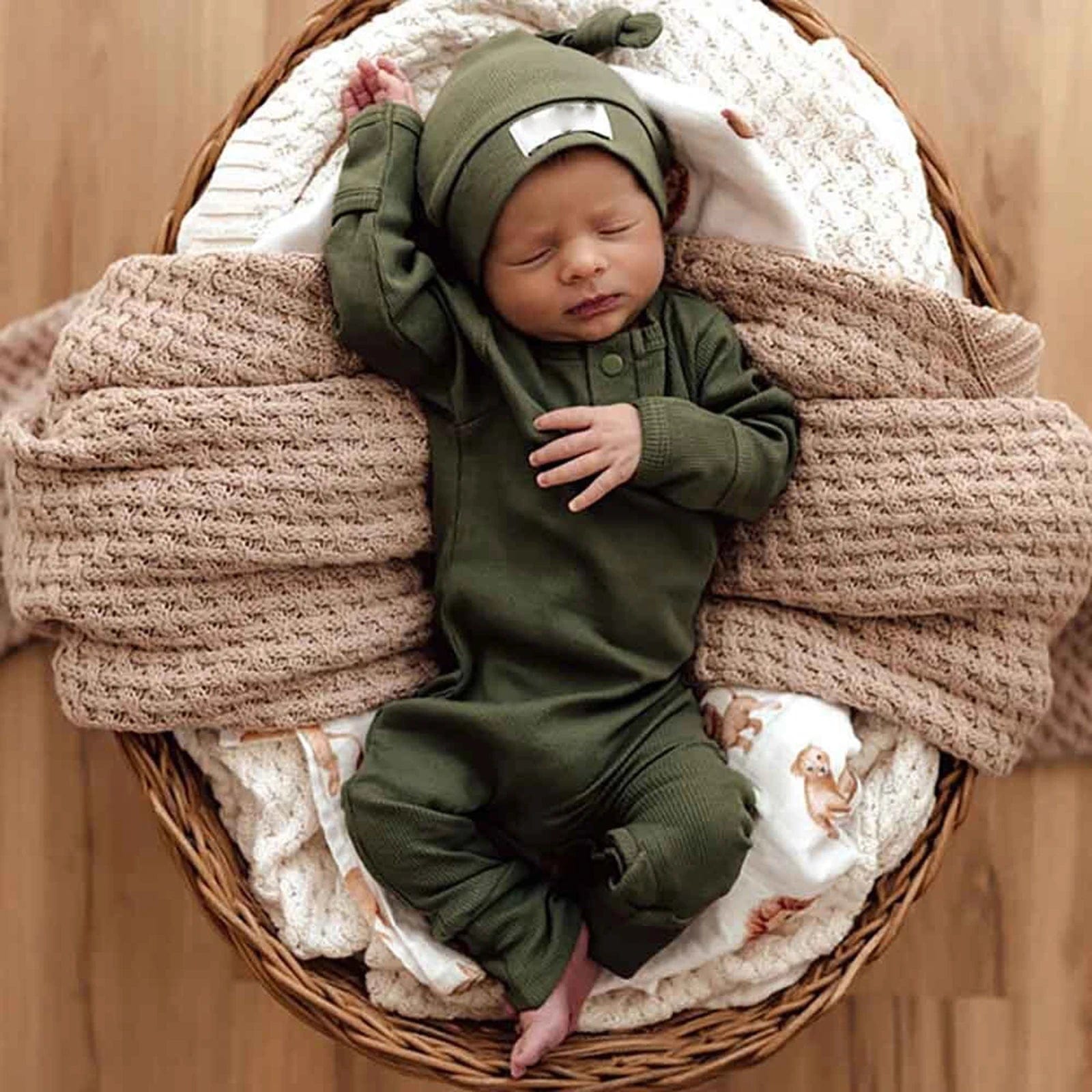 Showlu Fashion Store Green / newborn Baby Boy 2 Pieces Outfits Solid Color Ribbed Long Sleeve Romper Jumpsuit with Hat for Infant Toddler Fall Clothes