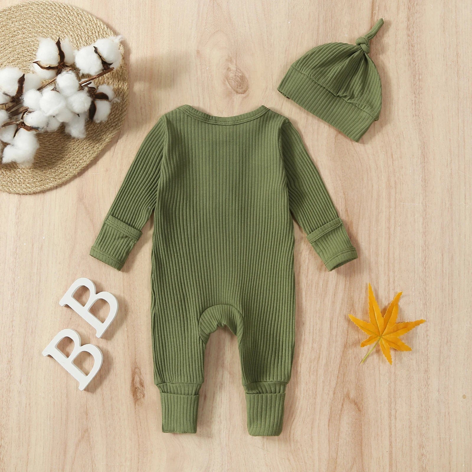  Showlu Fashion Store Green / newborn Baby Boy 2 Pieces Outfits Solid Color Ribbed Long Sleeve Romper Jumpsuit with Hat for Infant Toddler Fall Clothes