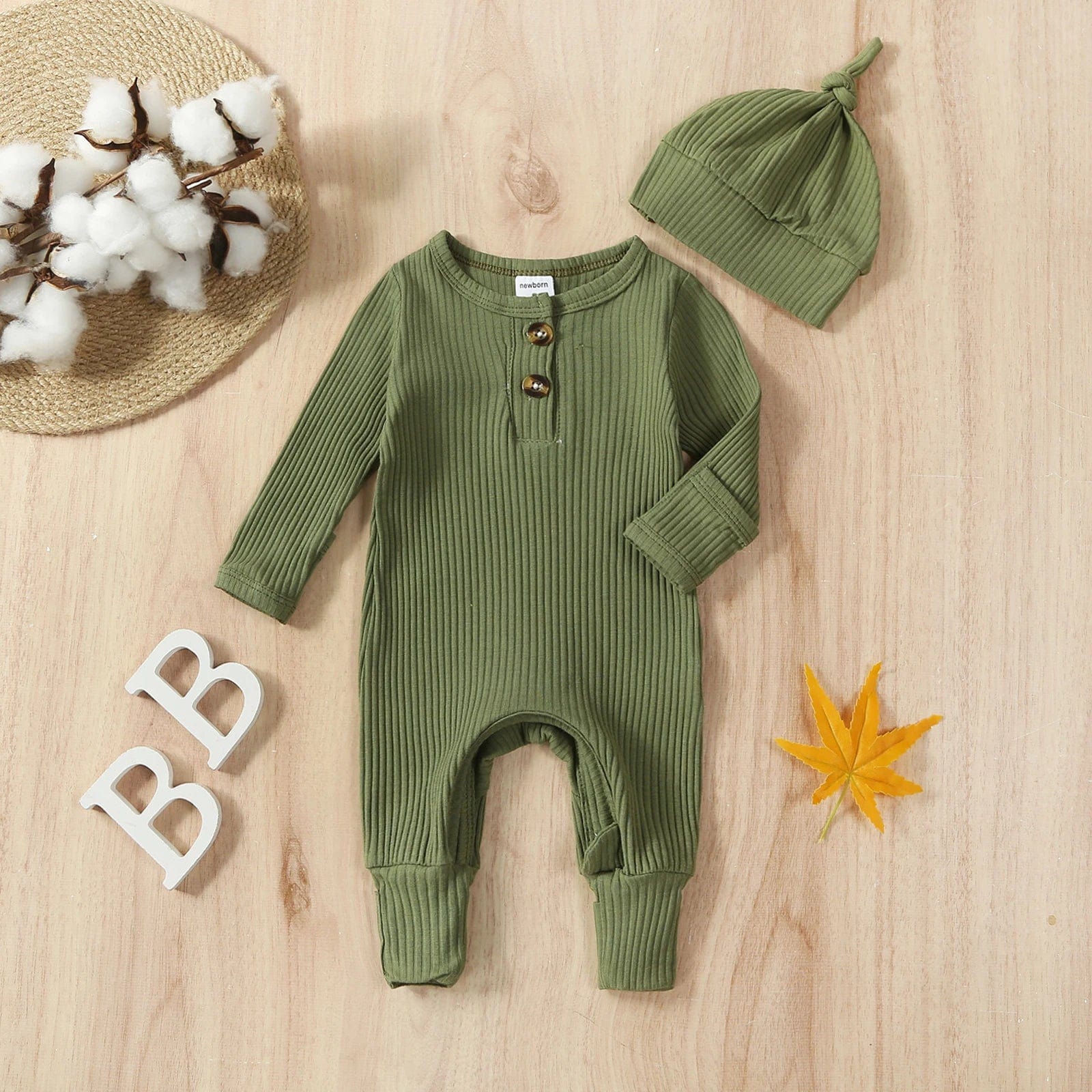  Showlu Fashion Store Green / newborn Baby Boy 2 Pieces Outfits Solid Color Ribbed Long Sleeve Romper Jumpsuit with Hat for Infant Toddler Fall Clothes