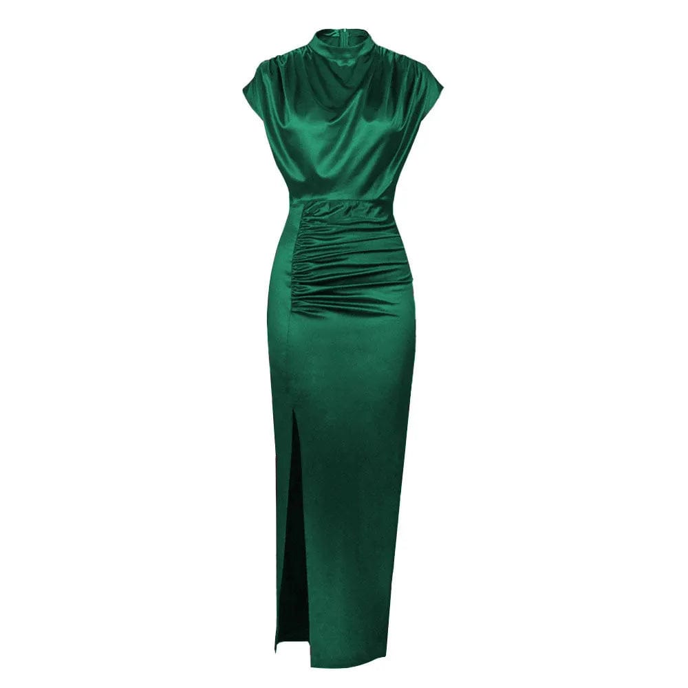  Showlu Fashion Store green / S European and American Women's New Colored Satin Zipper Split High Grade Dress Long Floor Length Dress