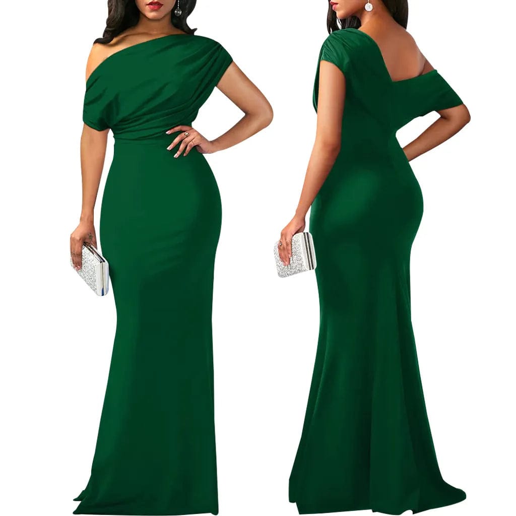  Showlu Fashion Store Green / S Women Oblique Shoulder Slim Folds Long Dress Elegant Evening Party Floor Length Dresses Vestido de festa