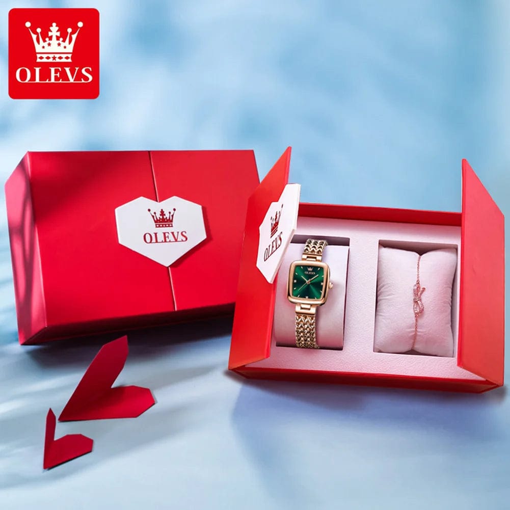 SHOWLU FASHION STORE green set 9951 OLEVS Quartz Watch for Women Elegant Rose Gold Stainless Steel Square Watch Original Ladies Wristwatches Jewelry Set Gift Luxury