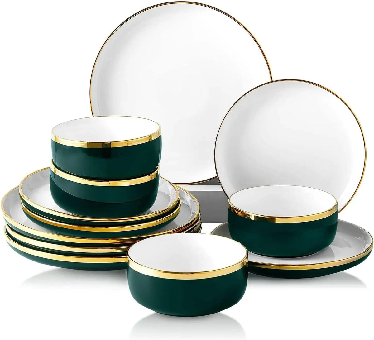 Showlu Fashion Store Green / United States 12 Piece Luxury Bone China Dishware Sets Kitchen Tableware Set of Plates Gilt Rim Plates and Bowls Sets for 4 Plate Dish Dinner