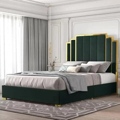 SHOWLU FASHION STORE Green / United States / Queen Queen Size Bed Frame And 61" Headboard, Upholstered With Golden Plating Trim, Platform Beds No Box Spring Needed, Bed Frame