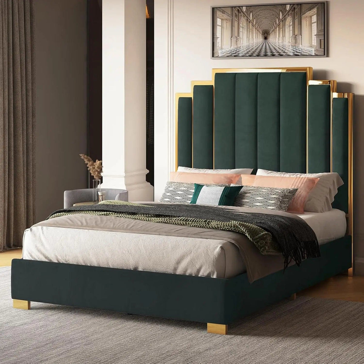 SHOWLU FASHION STORE Green / United States Queen Size Platform Bed Frame, 61.4" Velvet Upholstered Bed with Gold Trim Headboard/Wooden Slats/No Box Spring Needed