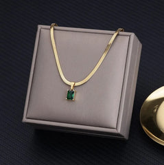  Showlu Fashion Store green / United States Vintage Rust Steel Zircon Necklace Flat Snake Bone Chain Blade Chain Square Emerald Pendant Necklace Women Dropshipping