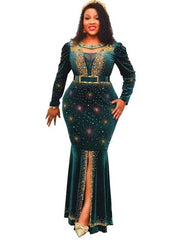 SHOWLU FASHION STORE green / XL Maxi Dress Luxury Hot Diamonds Beaded Round Neck Long Sleeve Dress Gold Velvet Dress African Fashion Women 2022 New