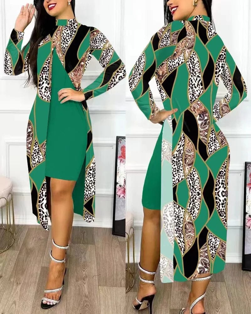 SHOWLU FASHION STORE green / XL Two Piece Set Women Print Dresses Sets Full Sleeve Half High Collar Split Cardigan Dress Suits Elegant A Line Office Lady