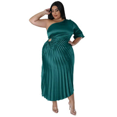 SHOWLU FASHION STORE green / XL XL-5XL 2023 Spring New Arrival African Women Half Sleeve Solid Color Polyester Pleated Dress Dashiki African Dresses for Women